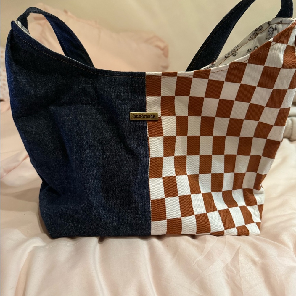 Handmade Denim and Checkered Tote Bag